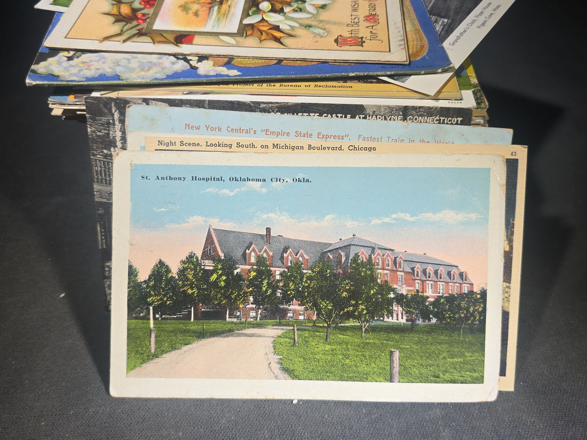 Discovery Grouping of 75+ Antique and Vintage Postcards Including Gillette Castle, Gardner Largest Chair in the World, Lewiston Bridge at Niagara Falls, Christmas, New Year, and Comic Cards