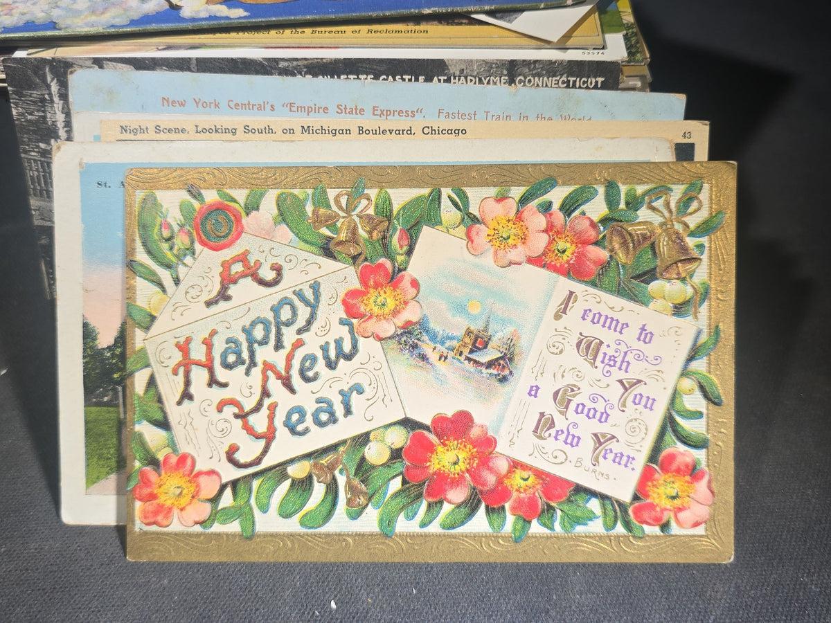 Discovery Grouping of 75+ Antique and Vintage Postcards Including Gillette Castle, Gardner Largest Chair in the World, Lewiston Bridge at Niagara Falls, Christmas, New Year, and Comic Cards