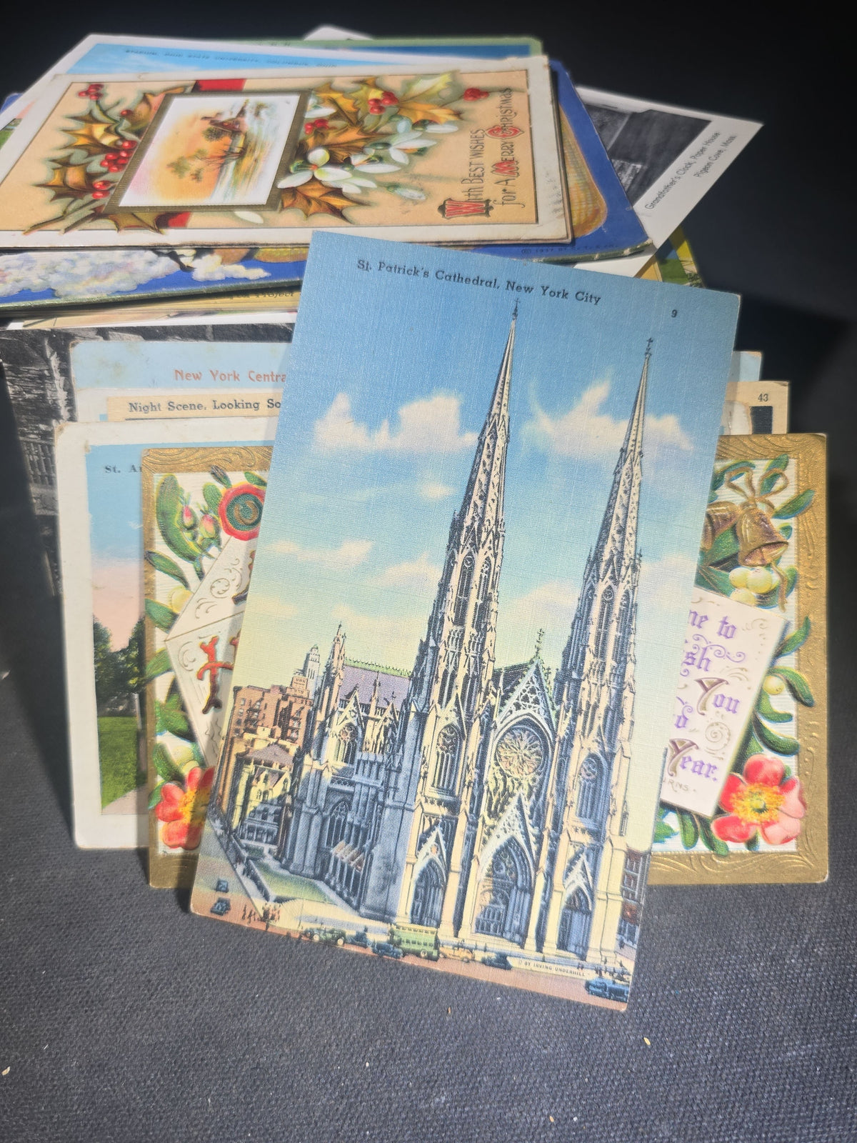 Discovery Grouping of 75+ Antique and Vintage Postcards Including Gillette Castle, Gardner Largest Chair in the World, Lewiston Bridge at Niagara Falls, Christmas, New Year, and Comic Cards