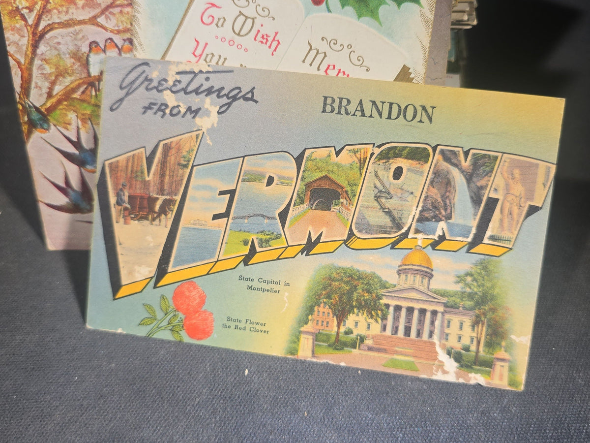 Discovery Grouping of 75+ Antique and Vintage Postcards Including Gillette Castle, Gardner Largest Chair in the World, Lewiston Bridge at Niagara Falls, Christmas, New Year, and Comic Cards