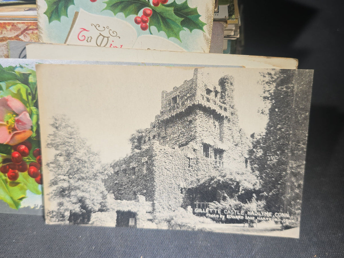Discovery Grouping of 75+ Antique and Vintage Postcards Including Gillette Castle, Gardner Largest Chair in the World, Lewiston Bridge at Niagara Falls, Christmas, New Year, and Comic Cards