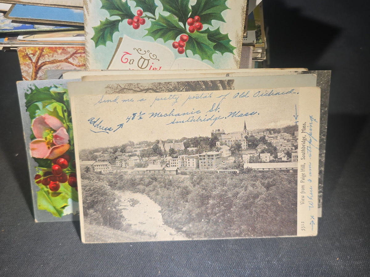 Discovery Grouping of 75+ Antique and Vintage Postcards Including Gillette Castle, Gardner Largest Chair in the World, Lewiston Bridge at Niagara Falls, Christmas, New Year, and Comic Cards