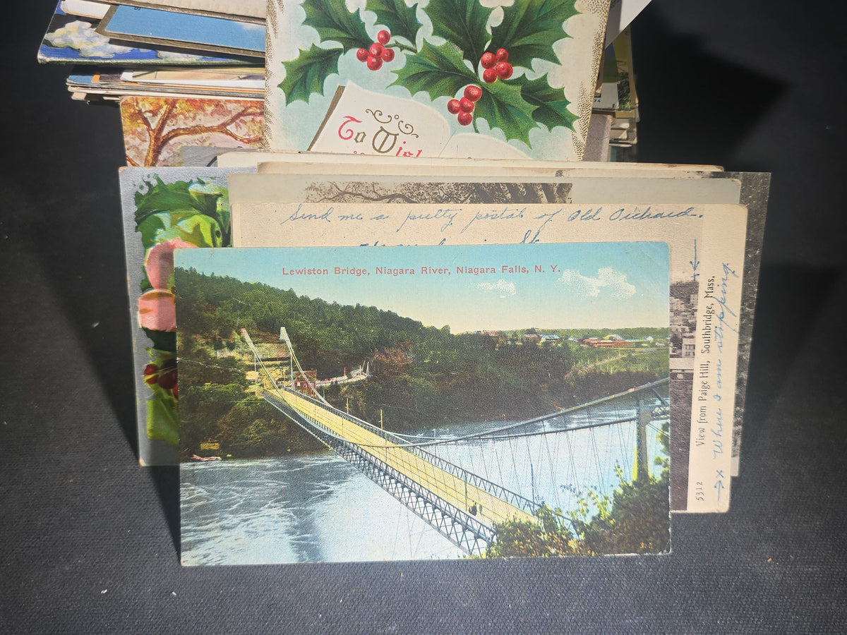 Discovery Grouping of 75+ Antique and Vintage Postcards Including Gillette Castle, Gardner Largest Chair in the World, Lewiston Bridge at Niagara Falls, Christmas, New Year, and Comic Cards