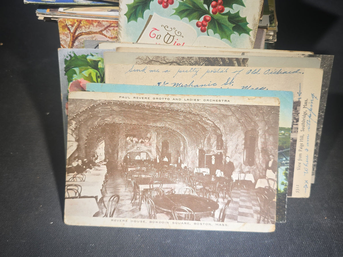 Discovery Grouping of 75+ Antique and Vintage Postcards Including Gillette Castle, Gardner Largest Chair in the World, Lewiston Bridge at Niagara Falls, Christmas, New Year, and Comic Cards