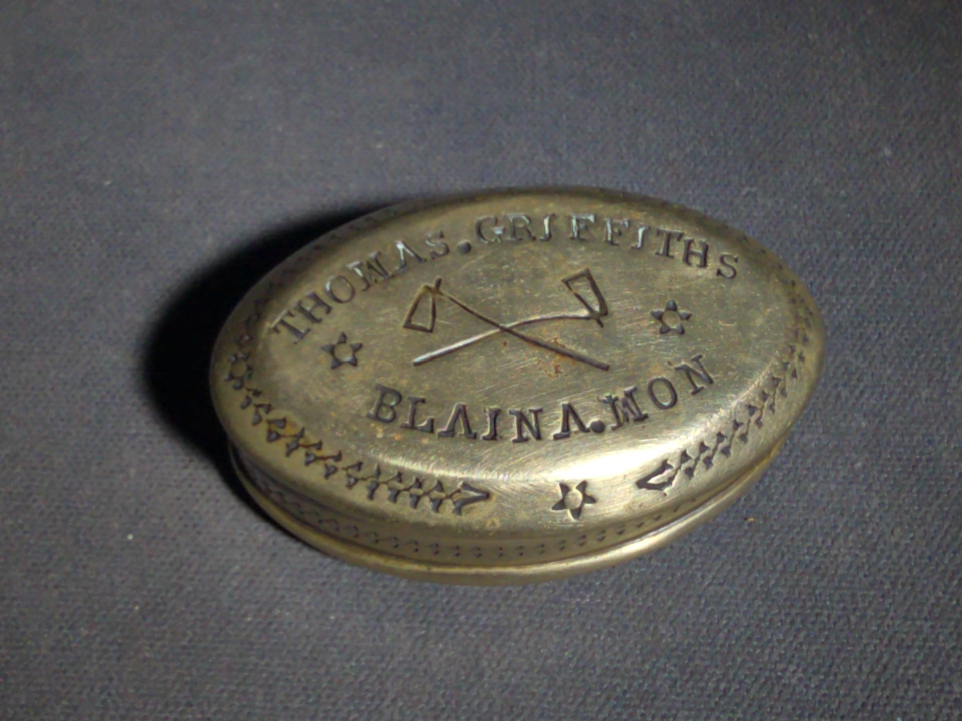 Antique Brass Snuff Box Engraved "Thomas Griffiths / Blaina Mon" with Crossed Mining Tools, Dated 10/6/1910
