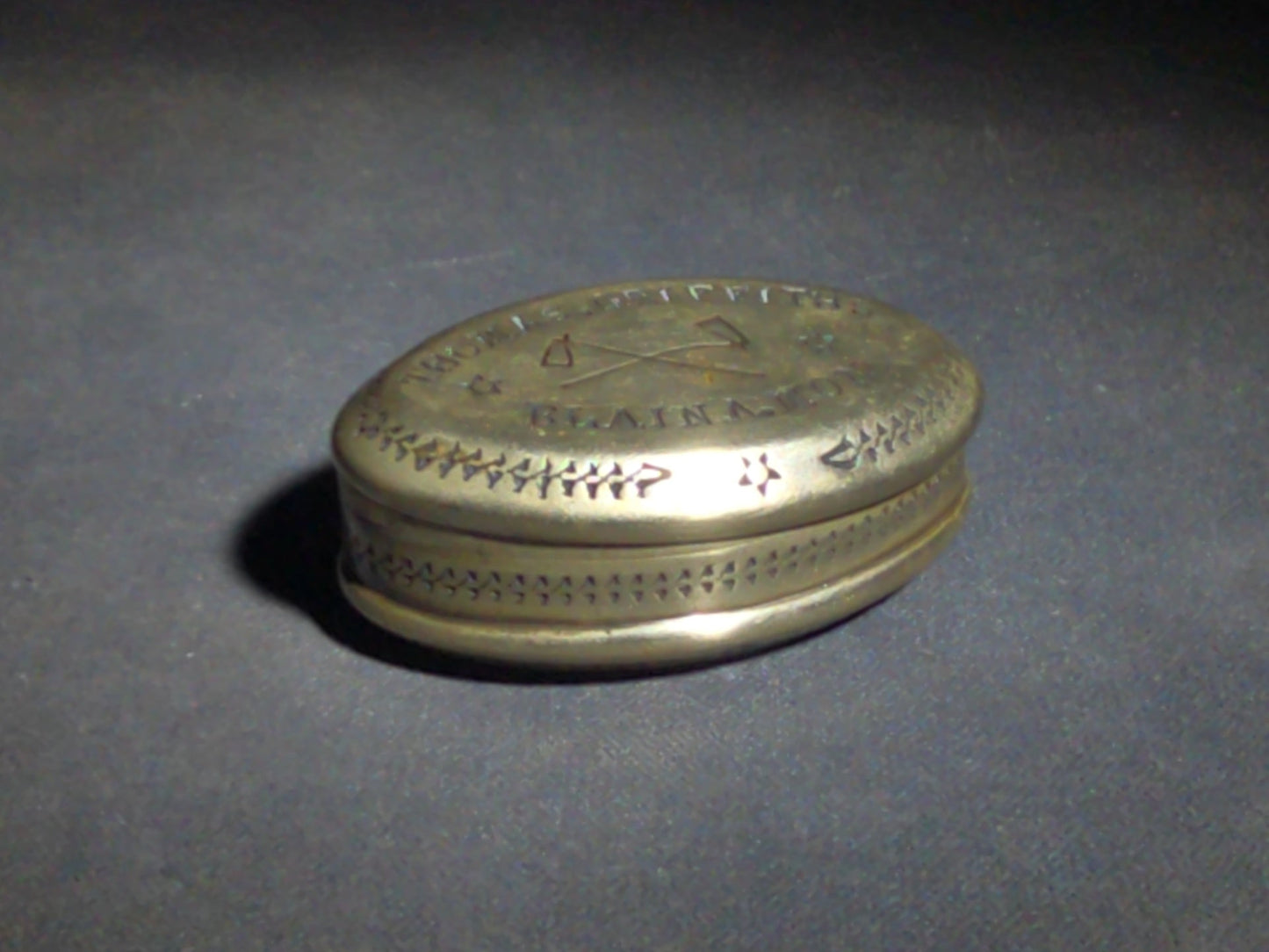 Antique Brass Snuff Box Engraved "Thomas Griffiths / Blaina Mon" with Crossed Mining Tools, Dated 10/6/1910