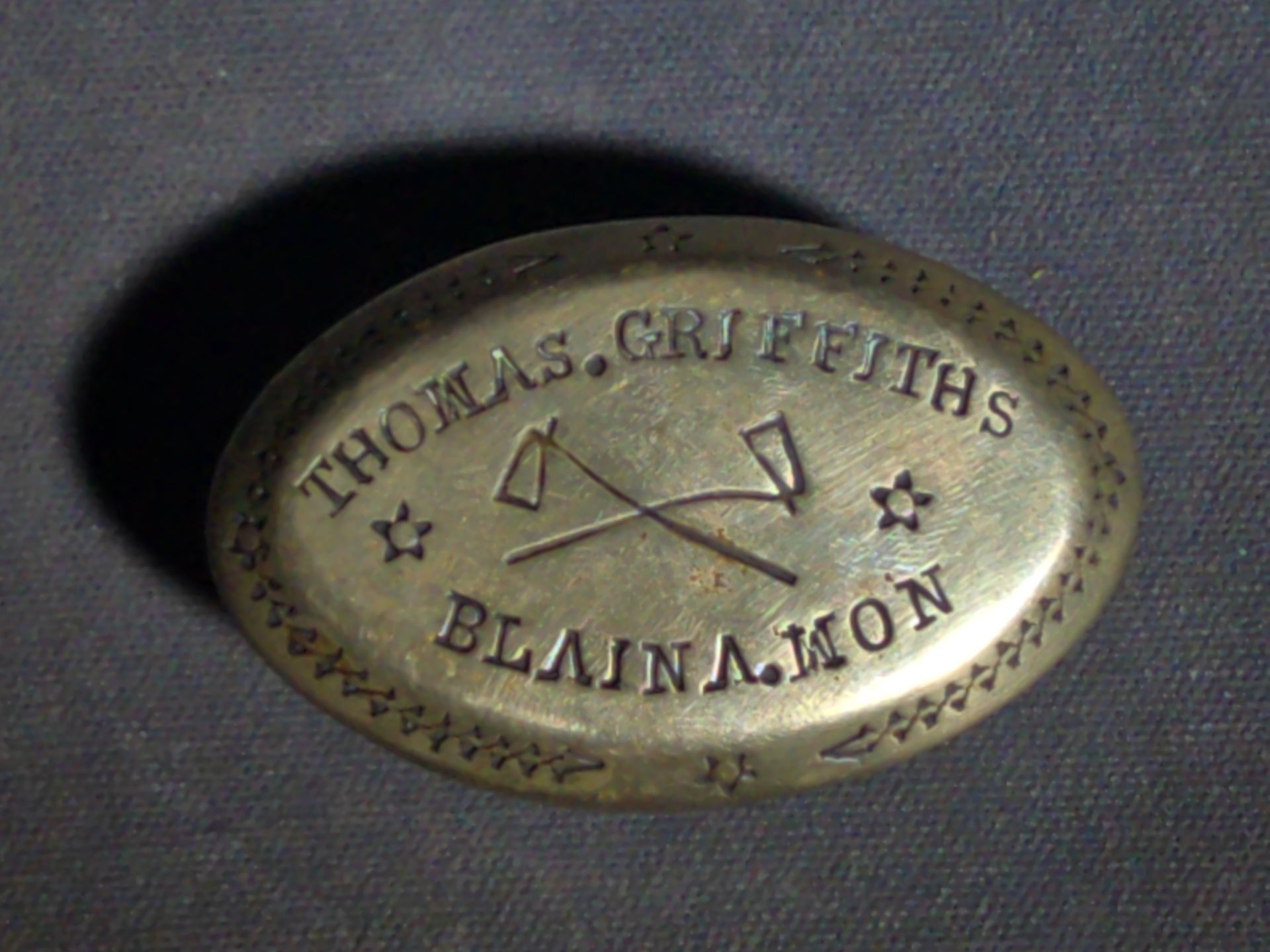 Antique Brass Snuff Box Engraved "Thomas Griffiths / Blaina Mon" with Crossed Mining Tools, Dated 10/6/1910