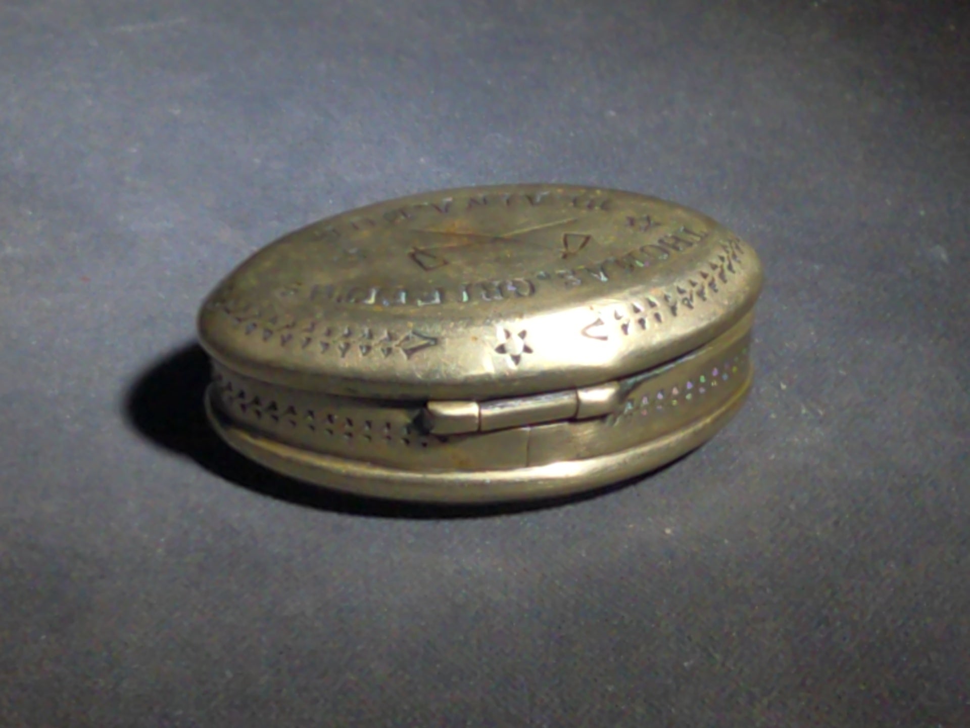 Antique Brass Snuff Box Engraved "Thomas Griffiths / Blaina Mon" with Crossed Mining Tools, Dated 10/6/1910