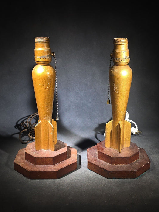 Pair of Vintage Trench Art Table Lamps with Mortar Shell Bodies on Stepped Wood Bases