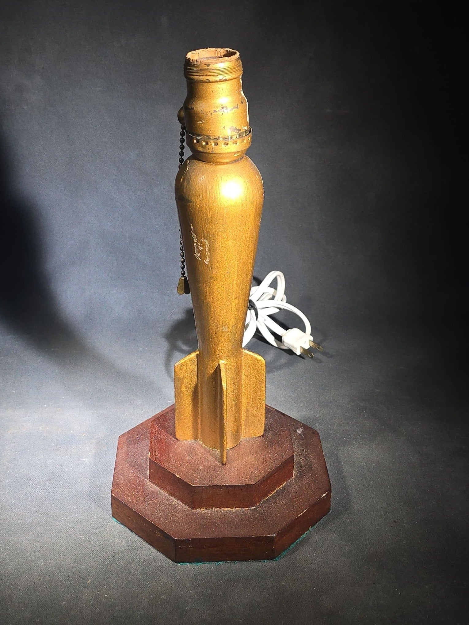 Pair of Vintage Trench Art Table Lamps with Mortar Shell Bodies on Stepped Wood Bases