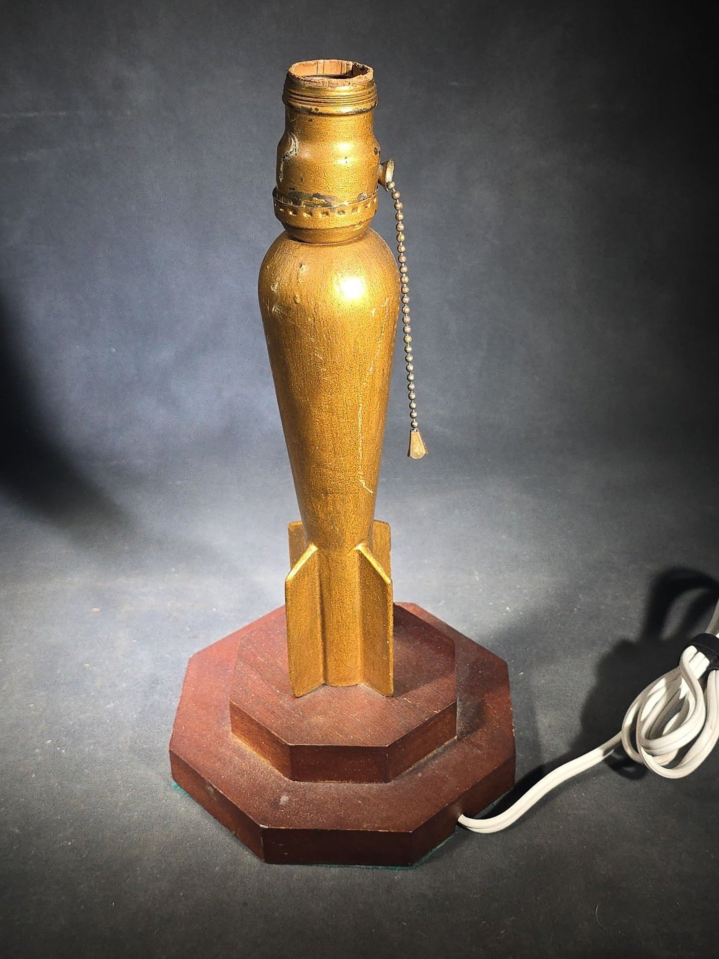 Pair of Vintage Trench Art Table Lamps with Mortar Shell Bodies on Stepped Wood Bases