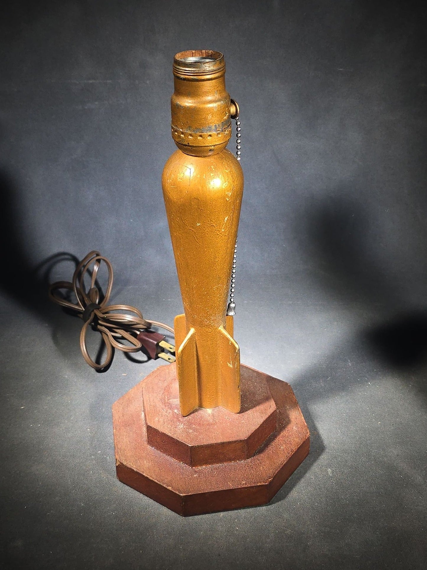 Pair of Vintage Trench Art Table Lamps with Mortar Shell Bodies on Stepped Wood Bases