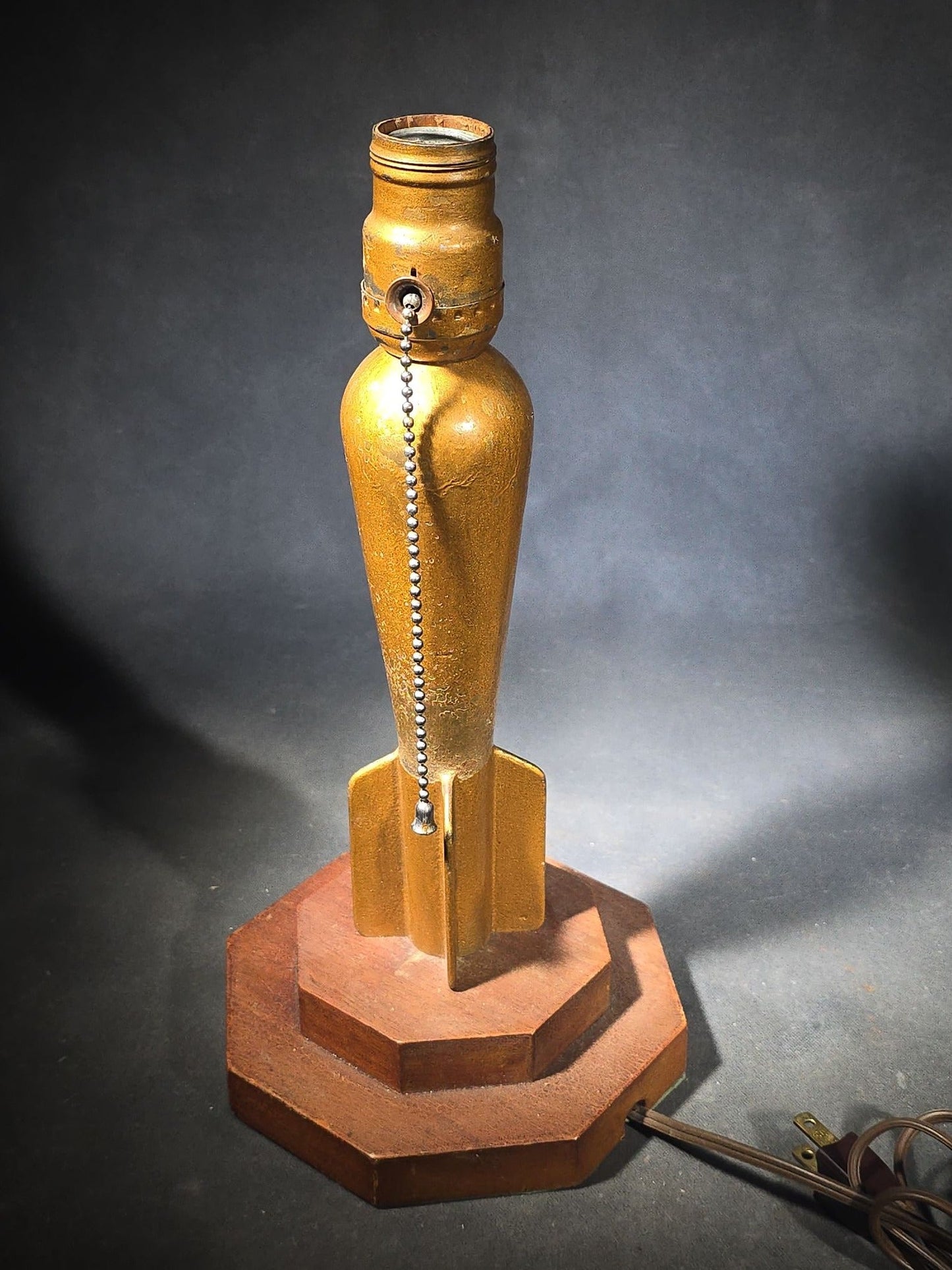 Pair of Vintage Trench Art Table Lamps with Mortar Shell Bodies on Stepped Wood Bases