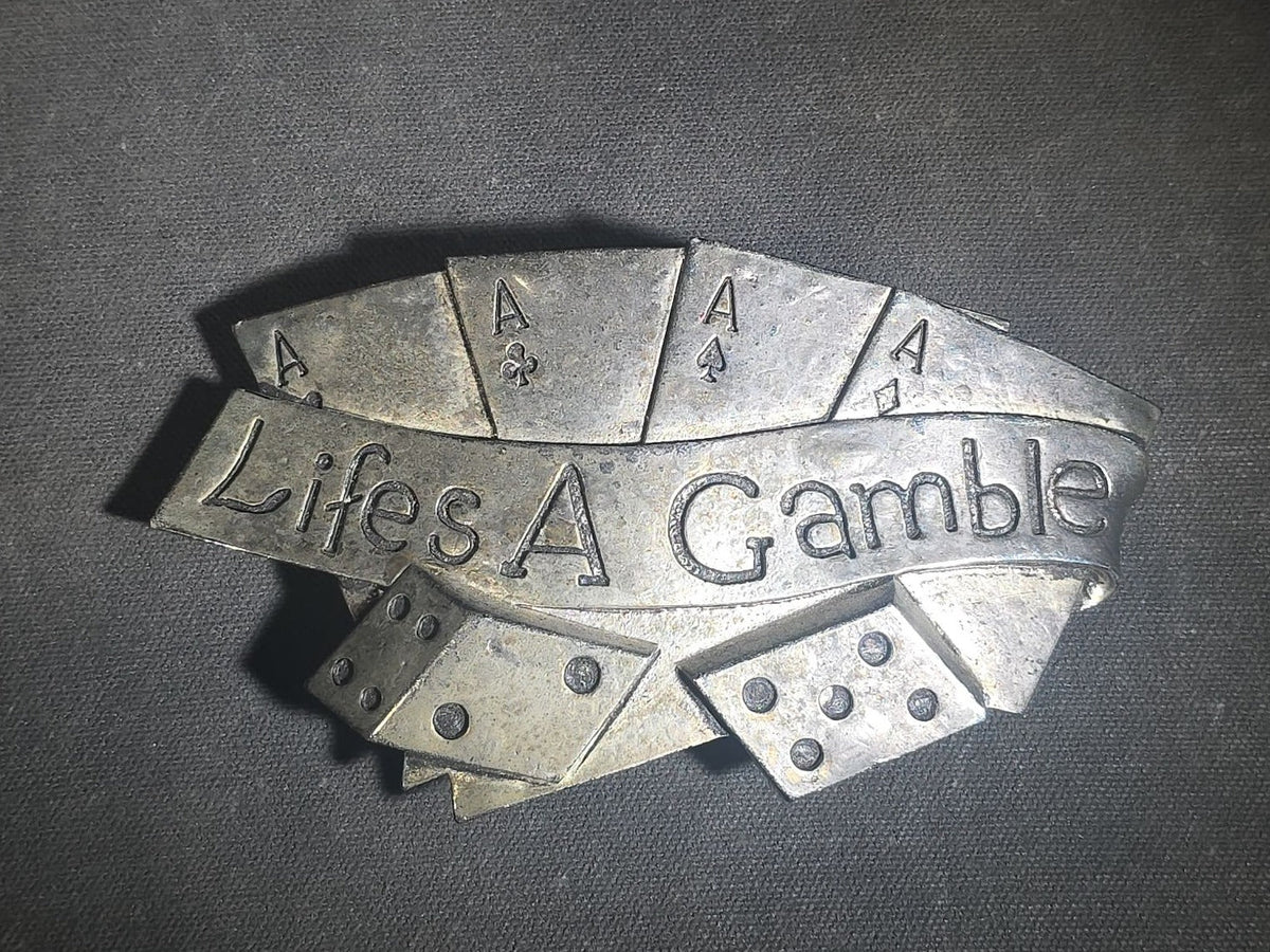 Vintage "Lifes A Gamble" Metal Belt Buckle with Four Aces and Dice Gambling Motif