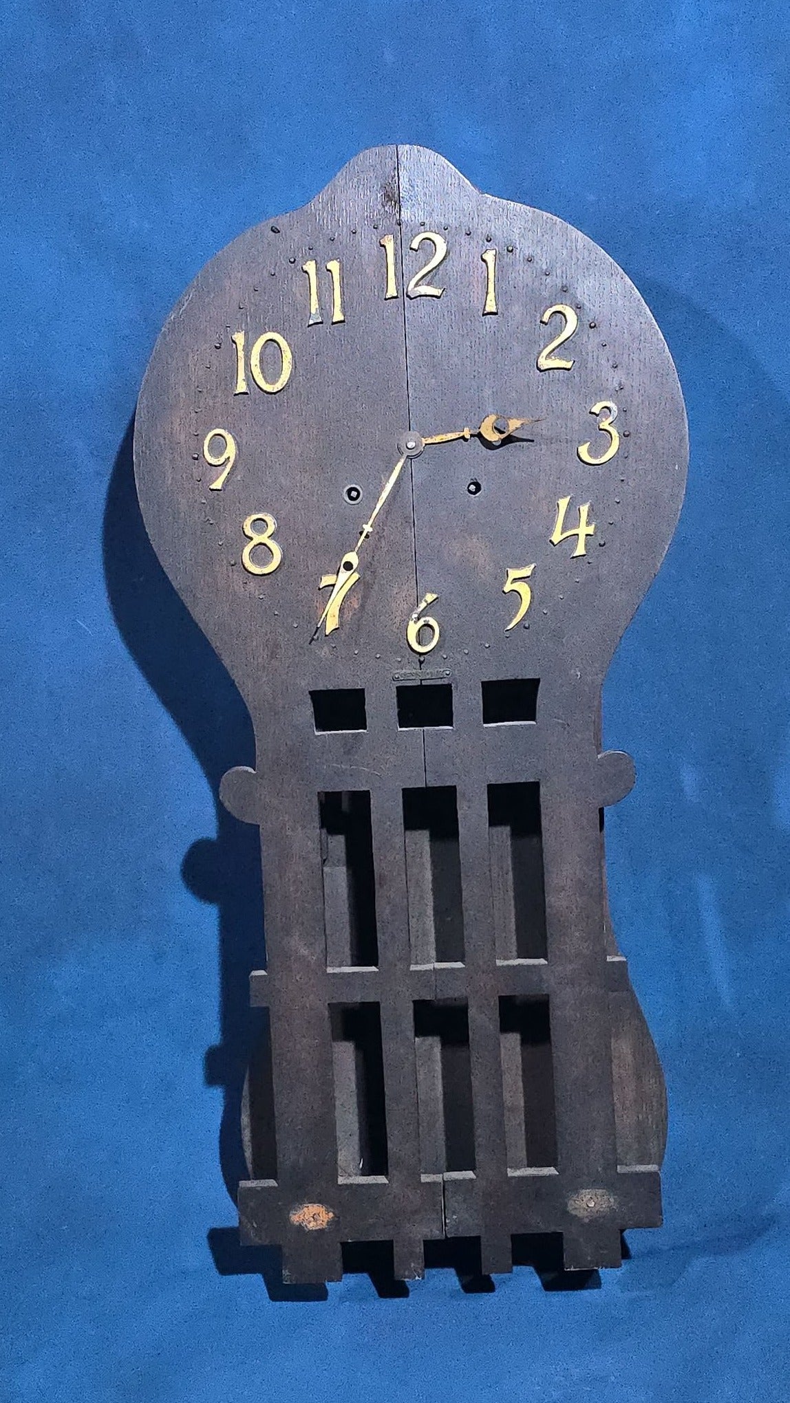 Antique Arts and Crafts Oak Wall Clock with Applied Brass Numerals, for Parts or Repair