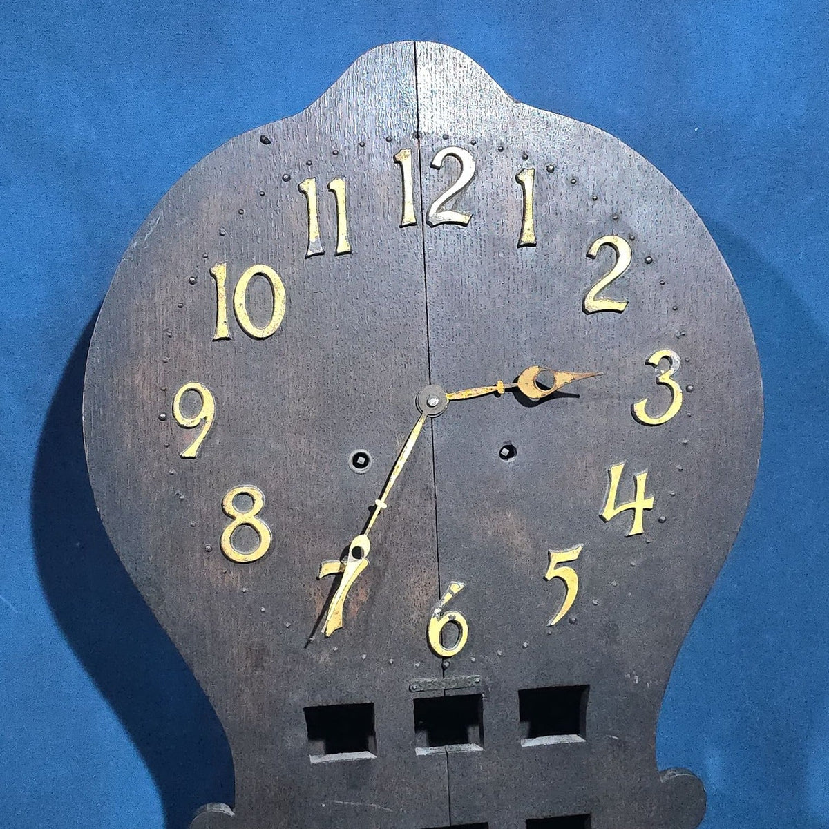 Antique Arts and Crafts Oak Wall Clock with Applied Brass Numerals, for Parts or Repair