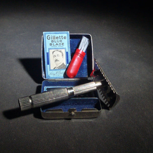 Vintage Gillette Pocket Safety Razor Travel Set in Compact Hinged Metal Case with Gillette Blue Blade Pack and Cleaning Brush