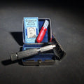 Lot 143 - Vintage Gillette Pocket Safety Razor Travel Set in Compact Hinged Metal Case with Gillette Blue Blade Pack and Cleaning Brush, 2" L