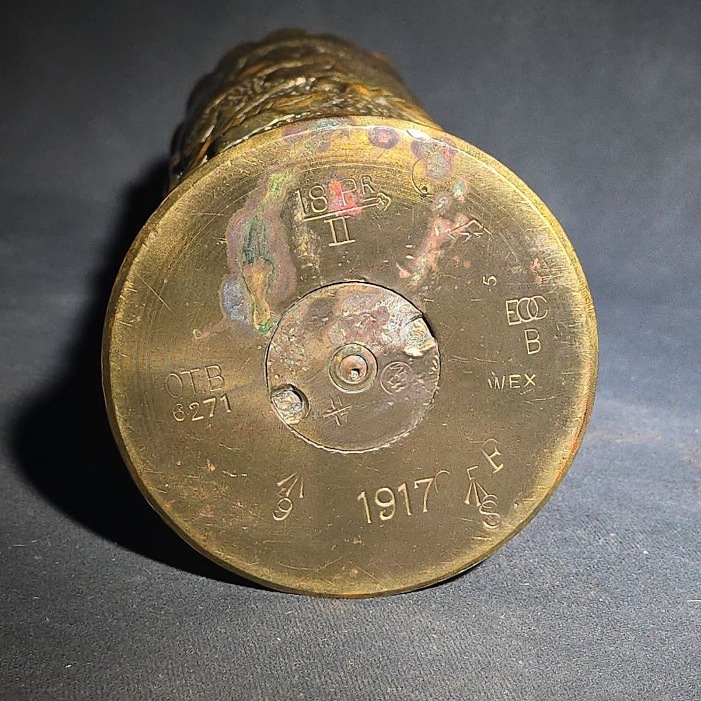 Antique WWI Trench Art Vase with Floral Repousse Decoration, British 18-Pounder Brass Shell Casing Dated 1917, Scalloped Rim