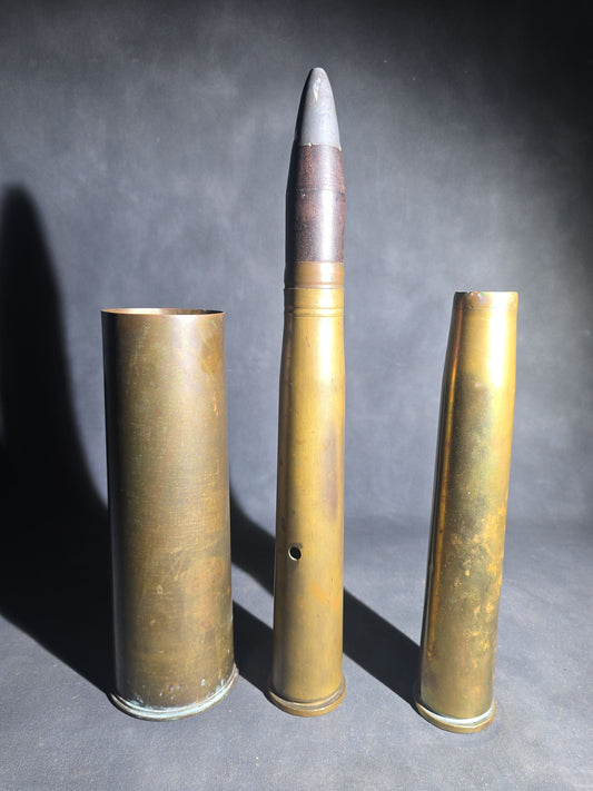 Grouping of Three Vintage WWII Brass Artillery Shell Casings including 40mm Dummy Cartridge Mk 1 with Projectile, Dated 1941-1943