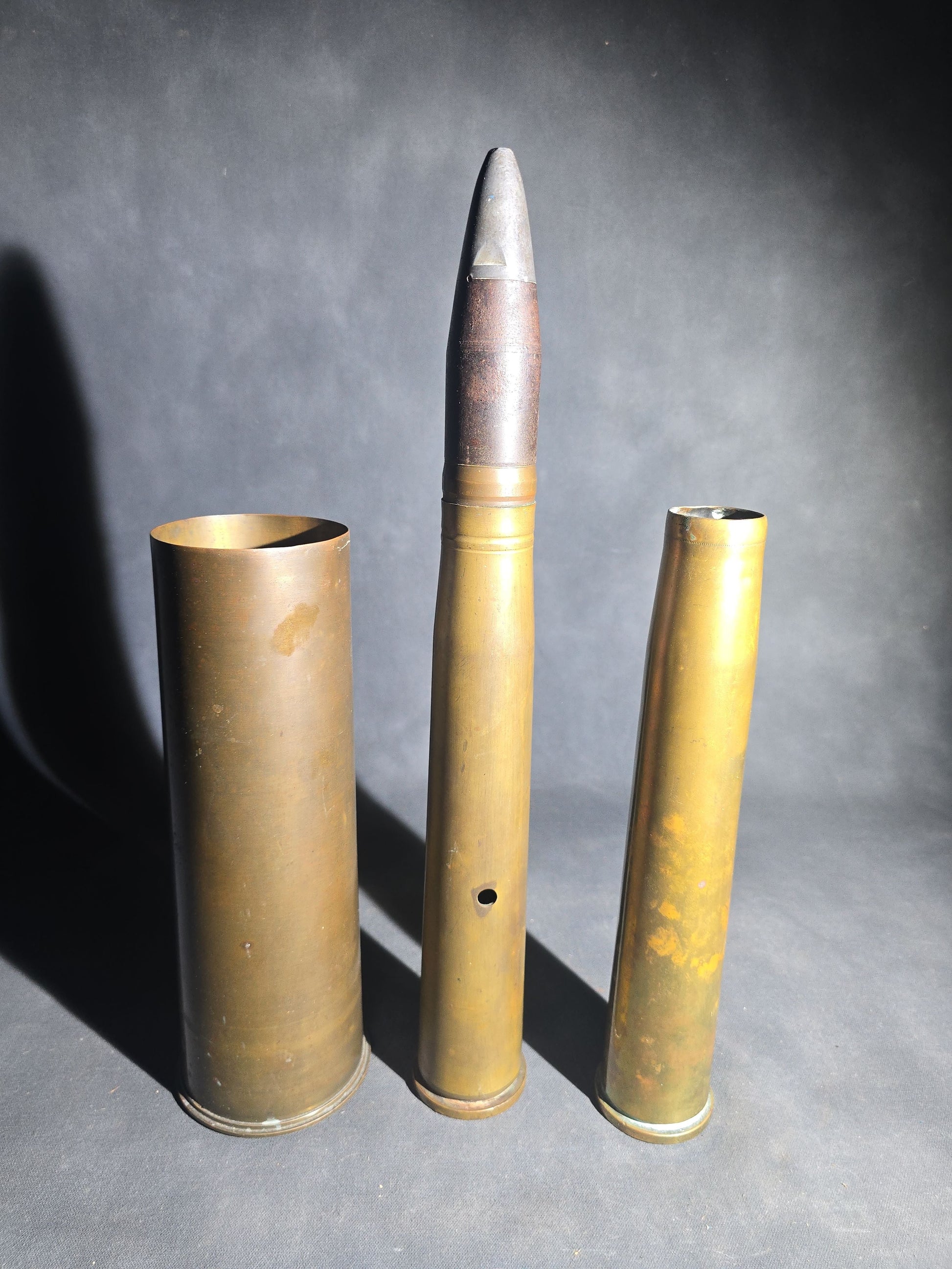 Grouping of Three Vintage WWII Brass Artillery Shell Casings including 40mm Dummy Cartridge Mk 1 with Projectile, Dated 1941-1943
