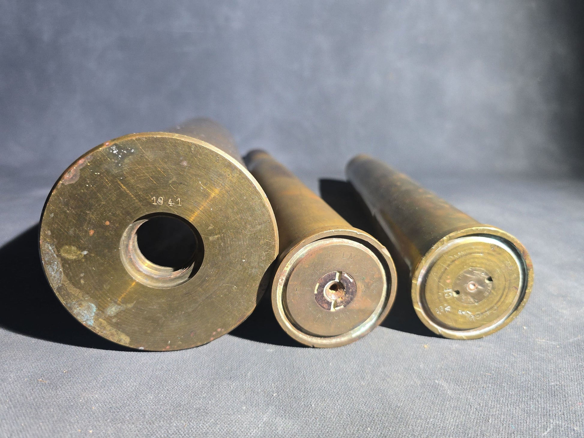 Grouping of Three Vintage WWII Brass Artillery Shell Casings including 40mm Dummy Cartridge Mk 1 with Projectile, Dated 1941-1943