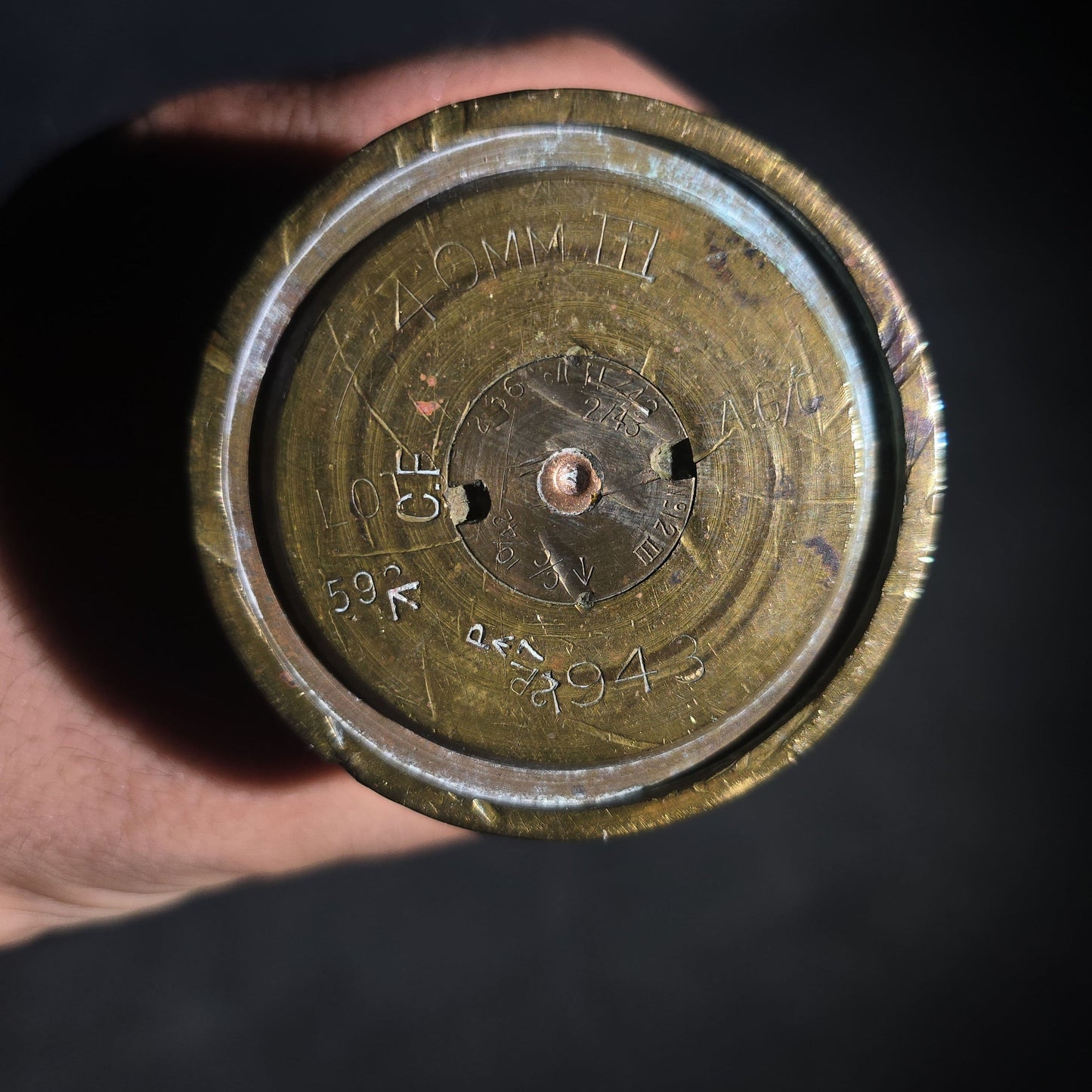 Grouping of Three Vintage WWII Brass Artillery Shell Casings including 40mm Dummy Cartridge Mk 1 with Projectile, Dated 1941-1943