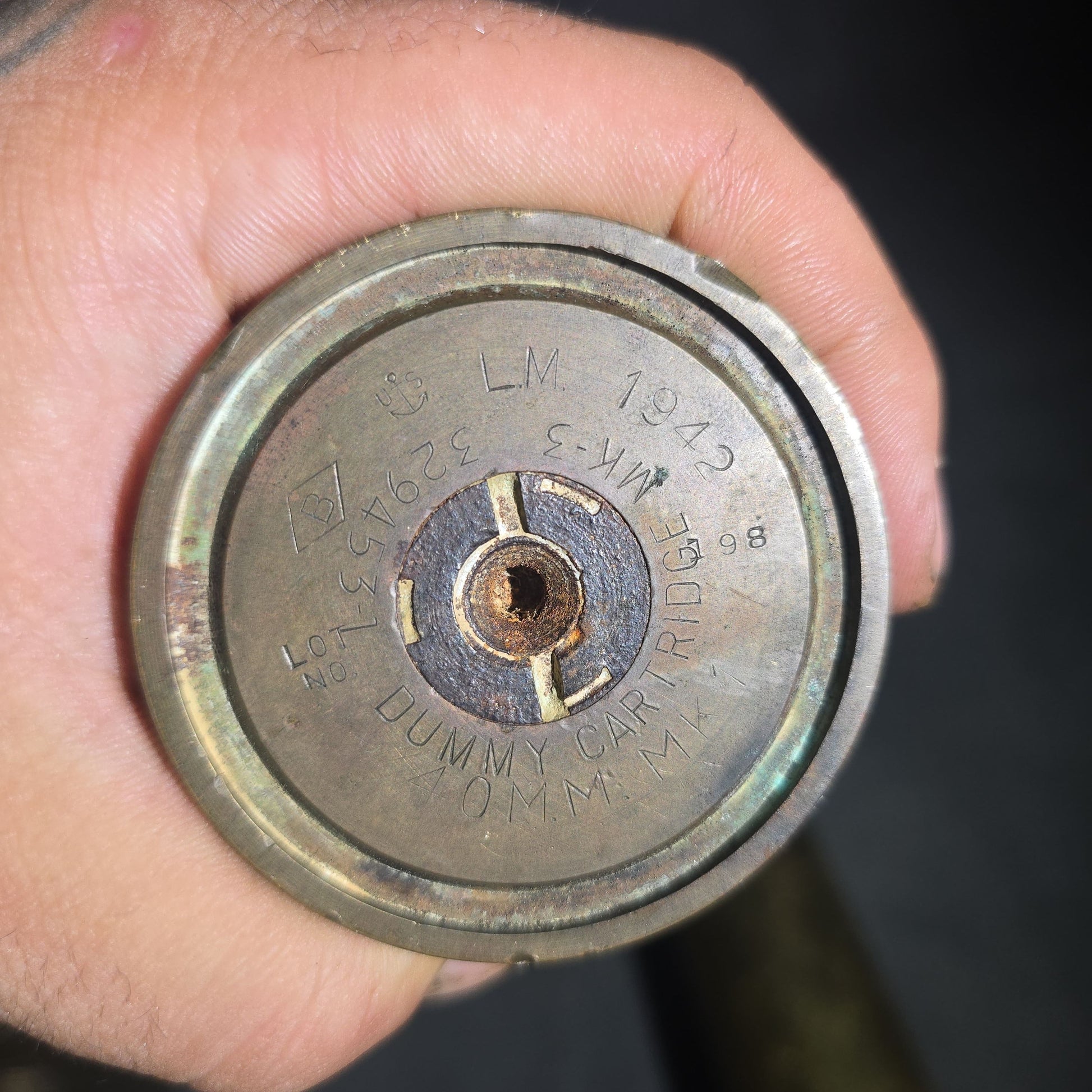 Grouping of Three Vintage WWII Brass Artillery Shell Casings including 40mm Dummy Cartridge Mk 1 with Projectile, Dated 1941-1943