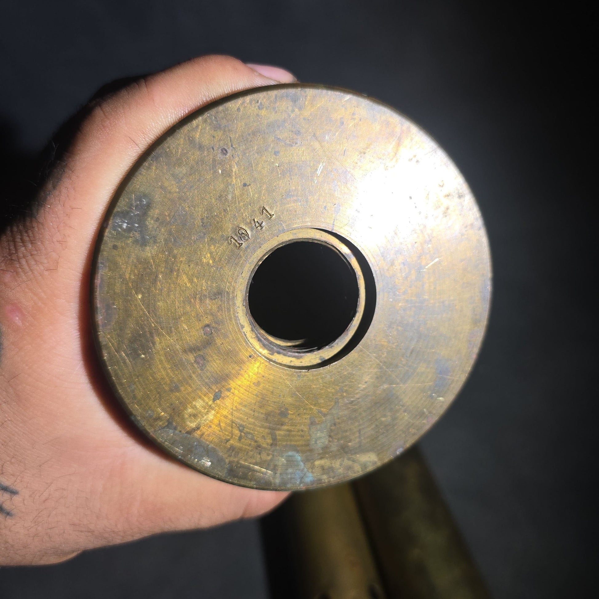 Grouping of Three Vintage WWII Brass Artillery Shell Casings including 40mm Dummy Cartridge Mk 1 with Projectile, Dated 1941-1943