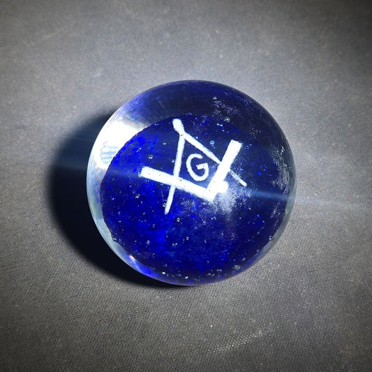 Vintage Cobalt Blue Glass Paperweight with Masonic Square and Compasses Emblem