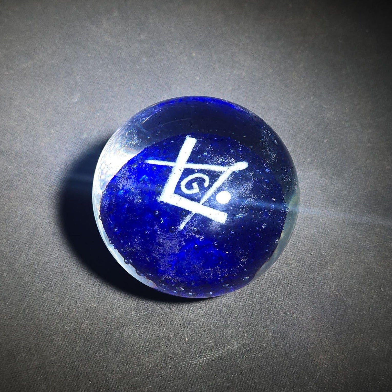 Vintage Cobalt Blue Glass Paperweight with Masonic Square and Compasses Emblem