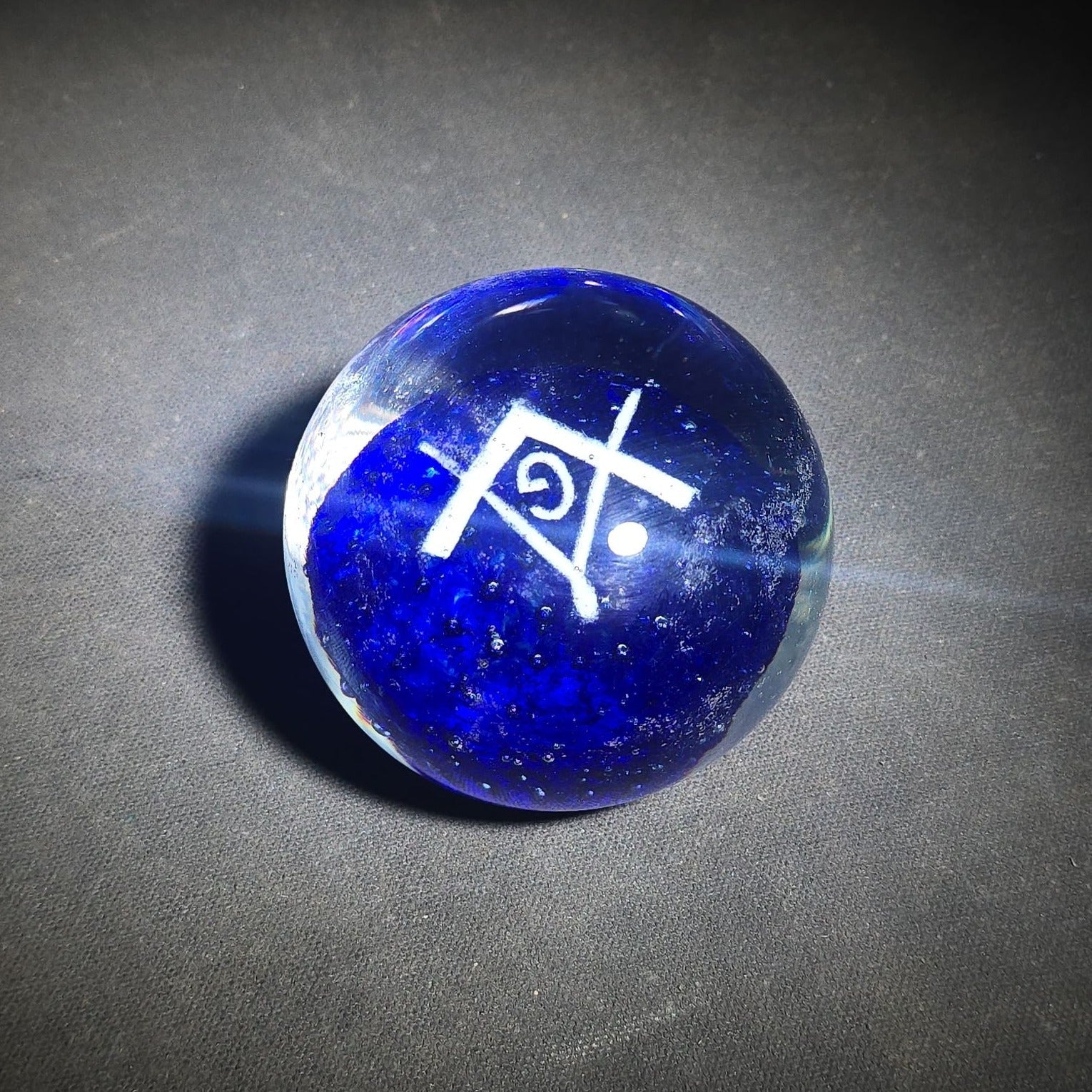 Vintage Cobalt Blue Glass Paperweight with Masonic Square and Compasses Emblem