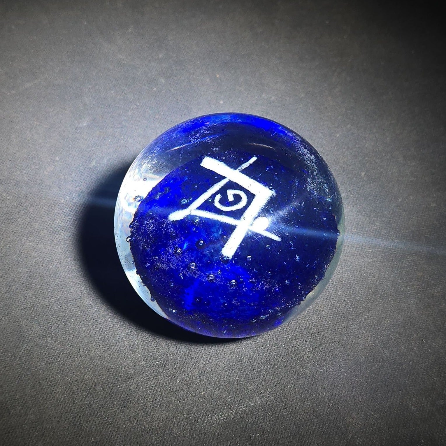 Vintage Cobalt Blue Glass Paperweight with Masonic Square and Compasses Emblem