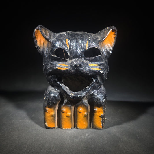Vintage Papier-Mache / Paper Pulp Halloween Seated Black Cat Lantern with Wire Bail Handle
