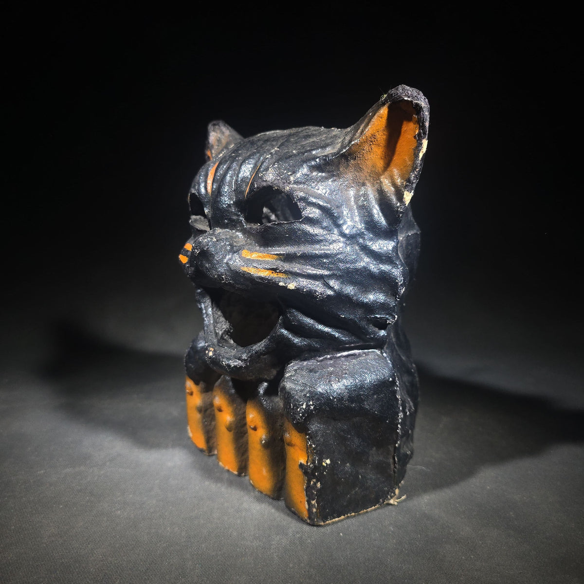 Vintage Papier-Mache / Paper Pulp Halloween Seated Black Cat Lantern with Wire Bail Handle