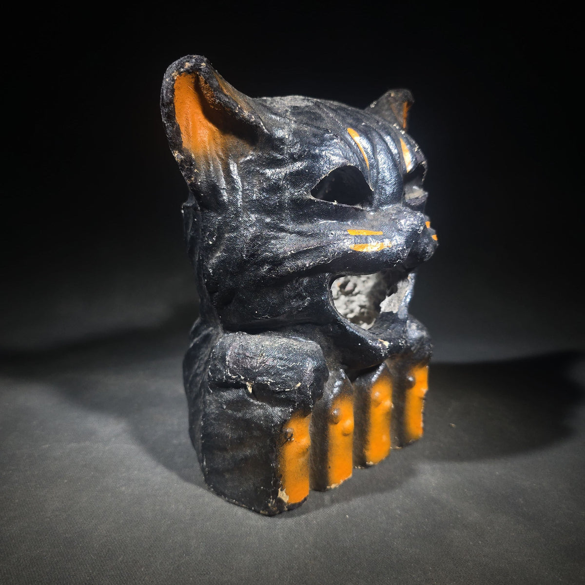 Vintage Papier-Mache / Paper Pulp Halloween Seated Black Cat Lantern with Wire Bail Handle