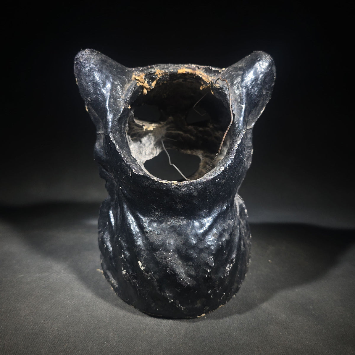 Vintage Papier-Mache / Paper Pulp Halloween Seated Black Cat Lantern with Wire Bail Handle
