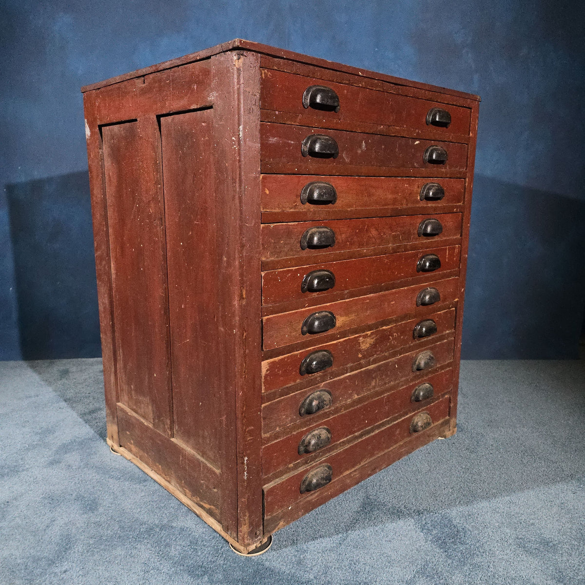 Antique Ten-Drawer Flat File Cabinet with Bin Pulls in Red Paint