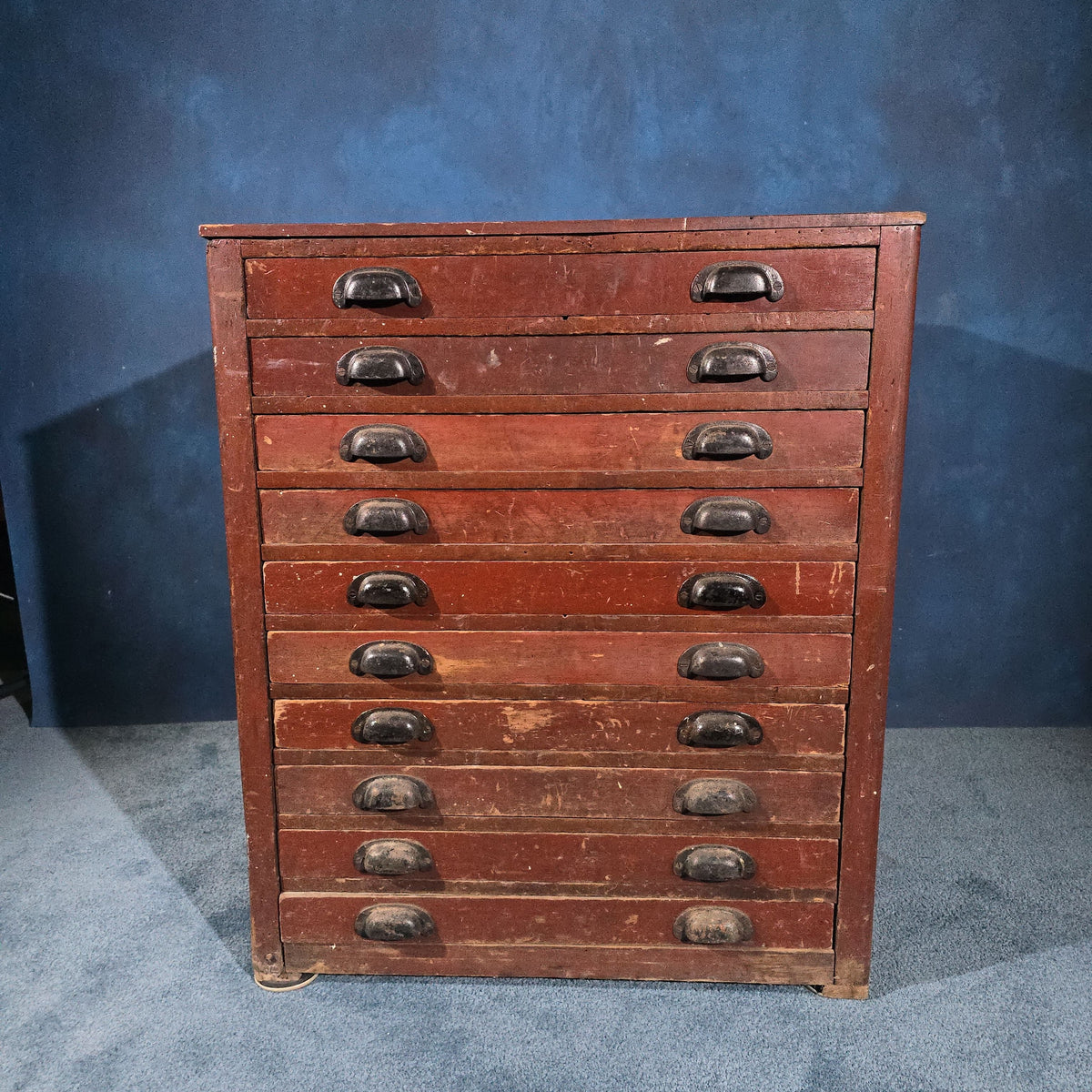 Antique Ten-Drawer Flat File Cabinet with Bin Pulls in Red Paint