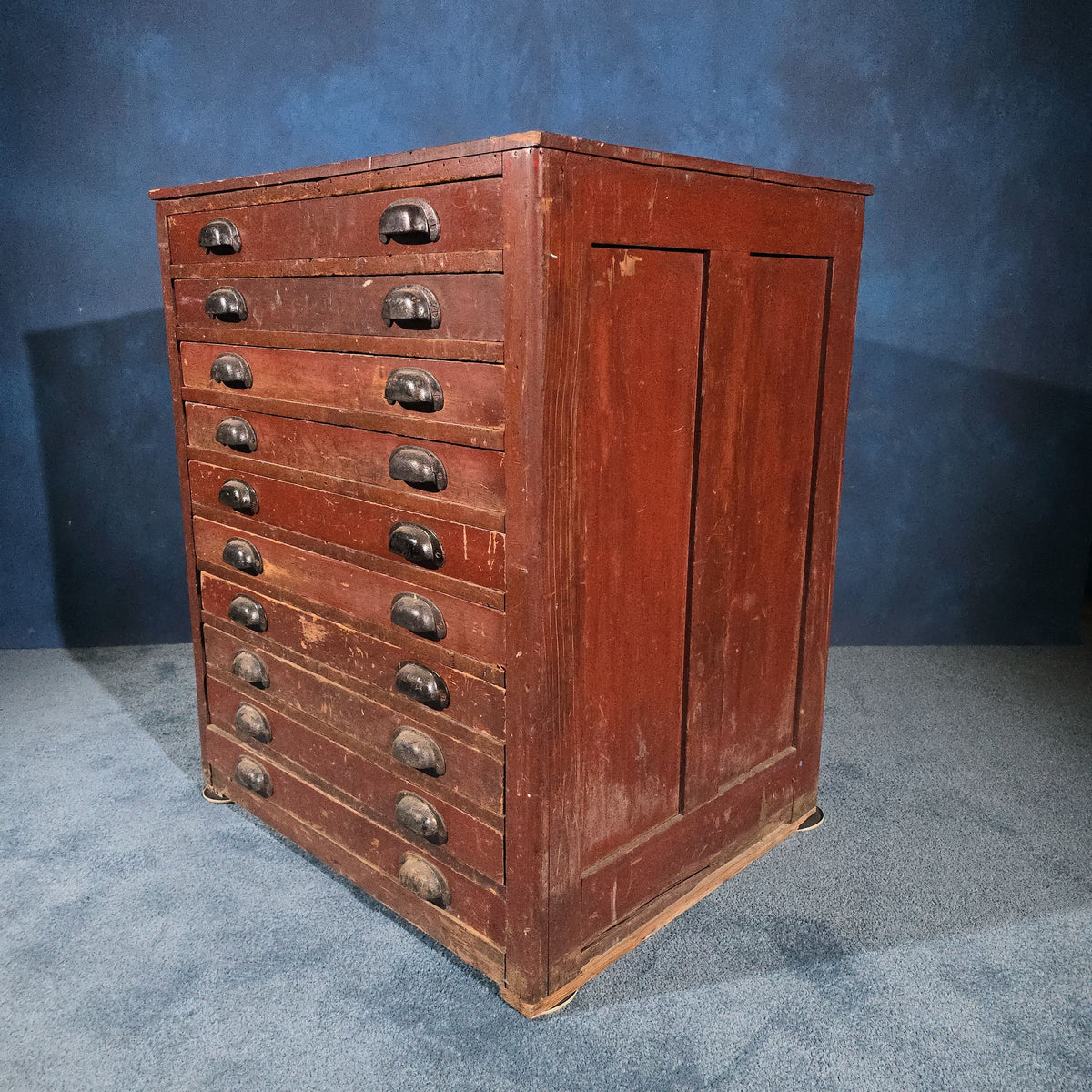 Antique Ten-Drawer Flat File Cabinet with Bin Pulls in Red Paint