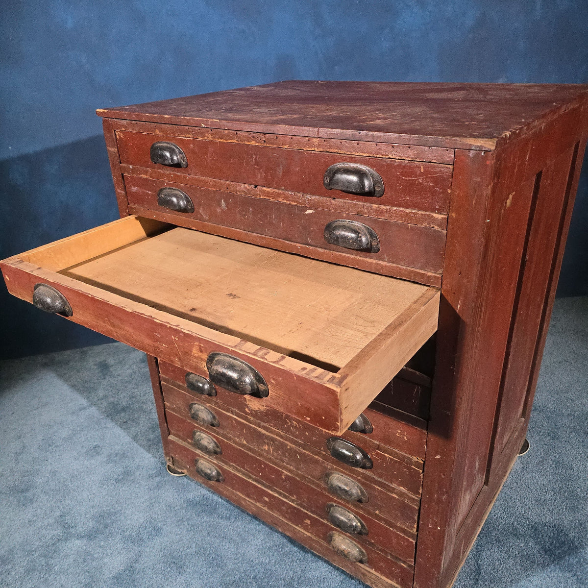 Antique Ten-Drawer Flat File Cabinet with Bin Pulls in Red Paint