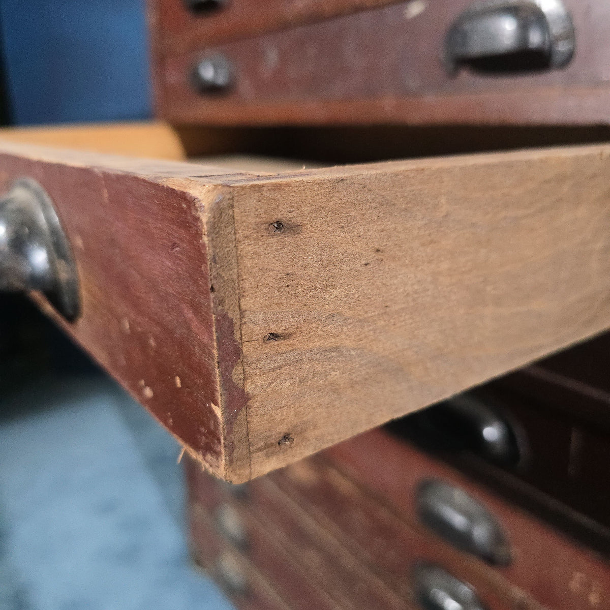 Antique Ten-Drawer Flat File Cabinet with Bin Pulls in Red Paint