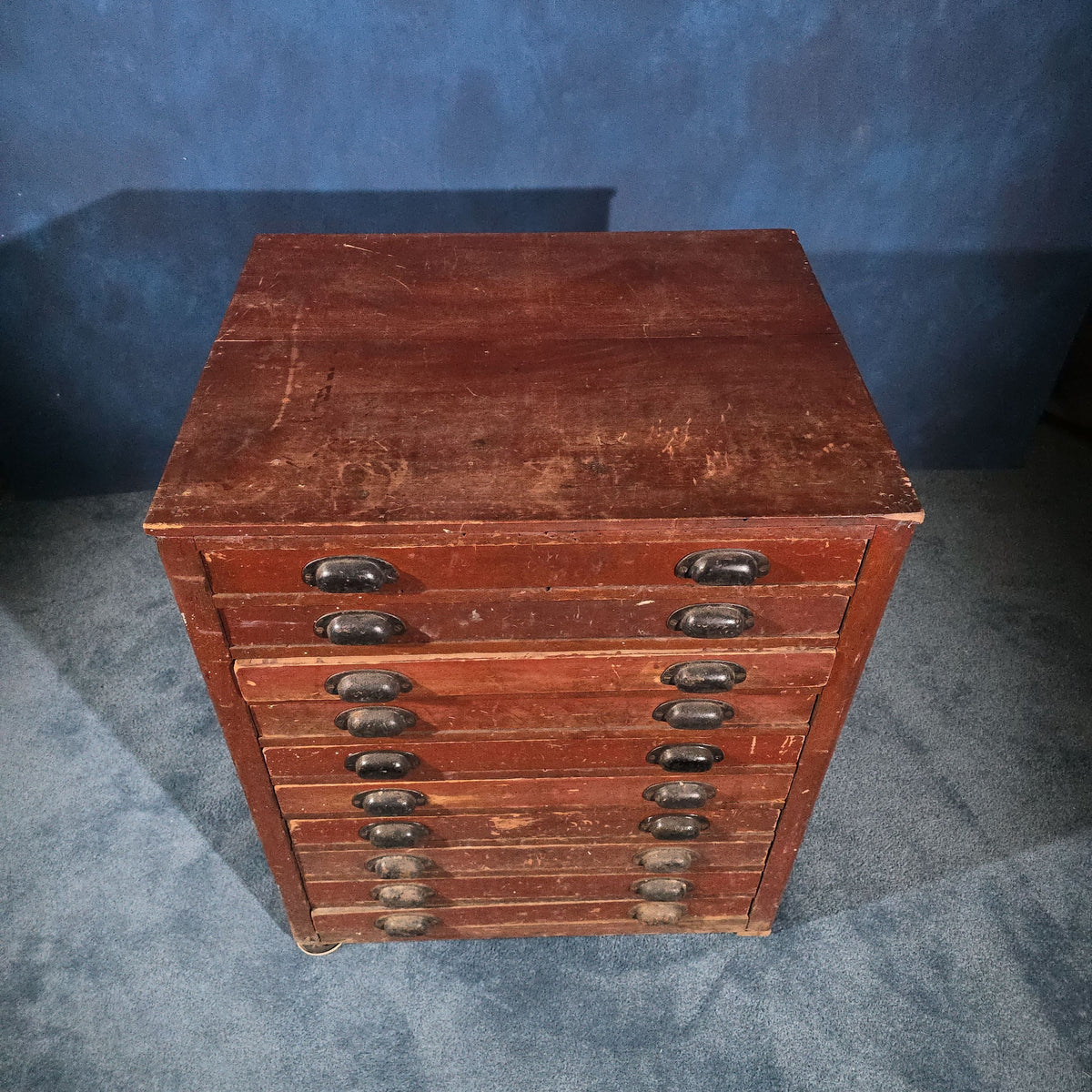 Antique Ten-Drawer Flat File Cabinet with Bin Pulls in Red Paint