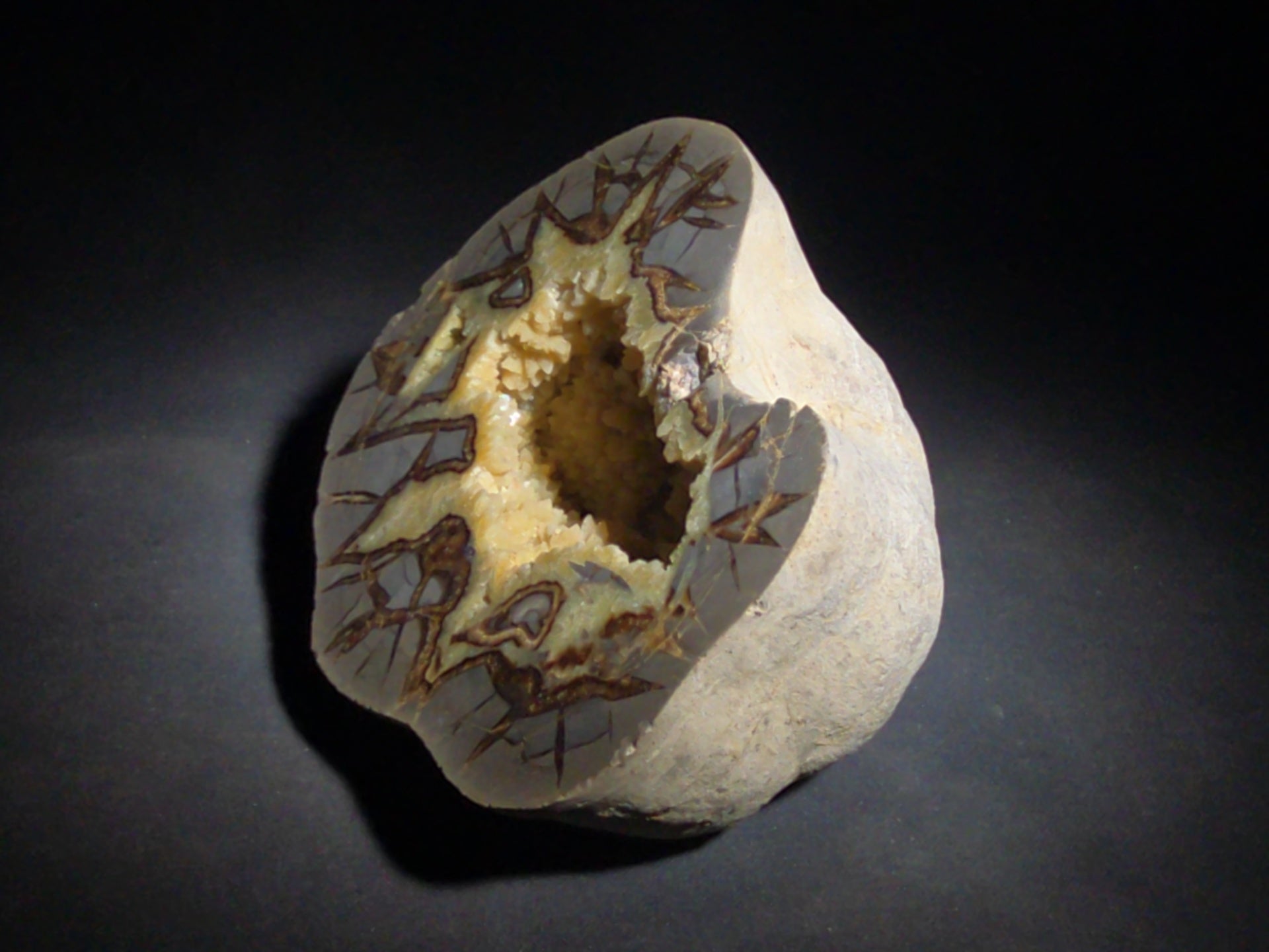 Septarian geode Nodule with Calcite Crystal Cavity and Brown Aragonite Veining, Cut and Polished