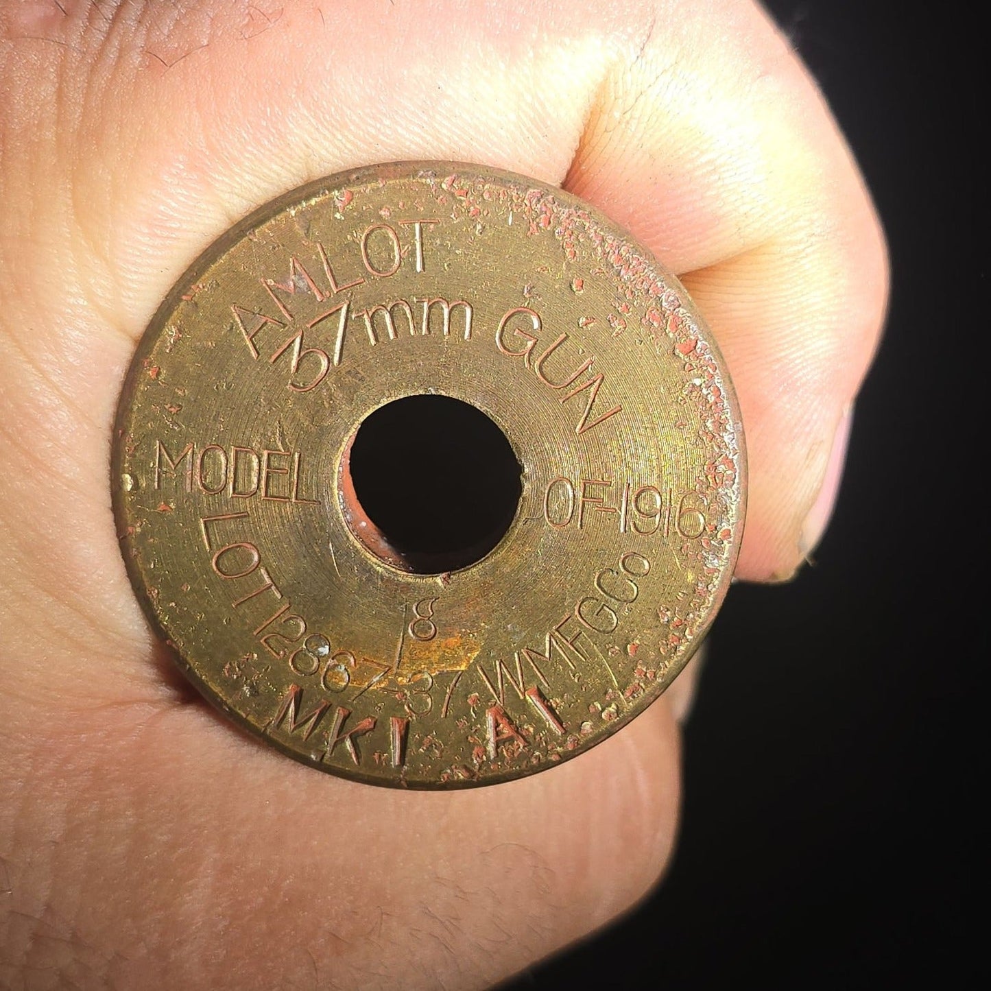 Antique Inert WWI 37mm Model 1916 Shell Round with Projectile, Brass Casing Stamped MK1 A1, Manufactured by W.M.FG.CO.