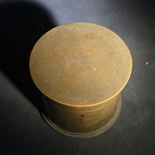Antique WWI Trench Art Brass Lidded Box with Hand-Engraved Star, Diamond, Leaf, and Scroll Decoration, "MO" Monogram, and Green Fabric-Lined Interior