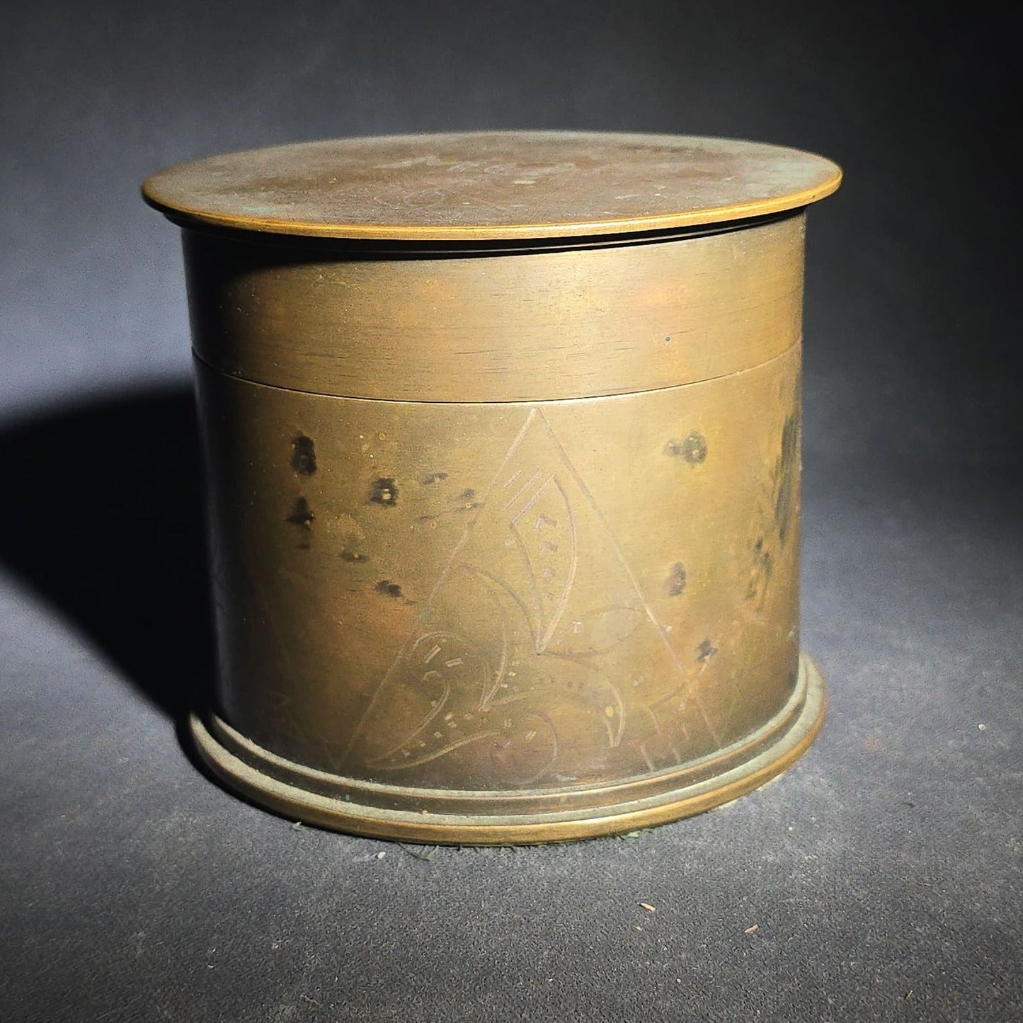 Antique WWI Trench Art Brass Lidded Box with Hand-Engraved Star, Diamond, Leaf, and Scroll Decoration, "MO" Monogram, and Green Fabric-Lined Interior
