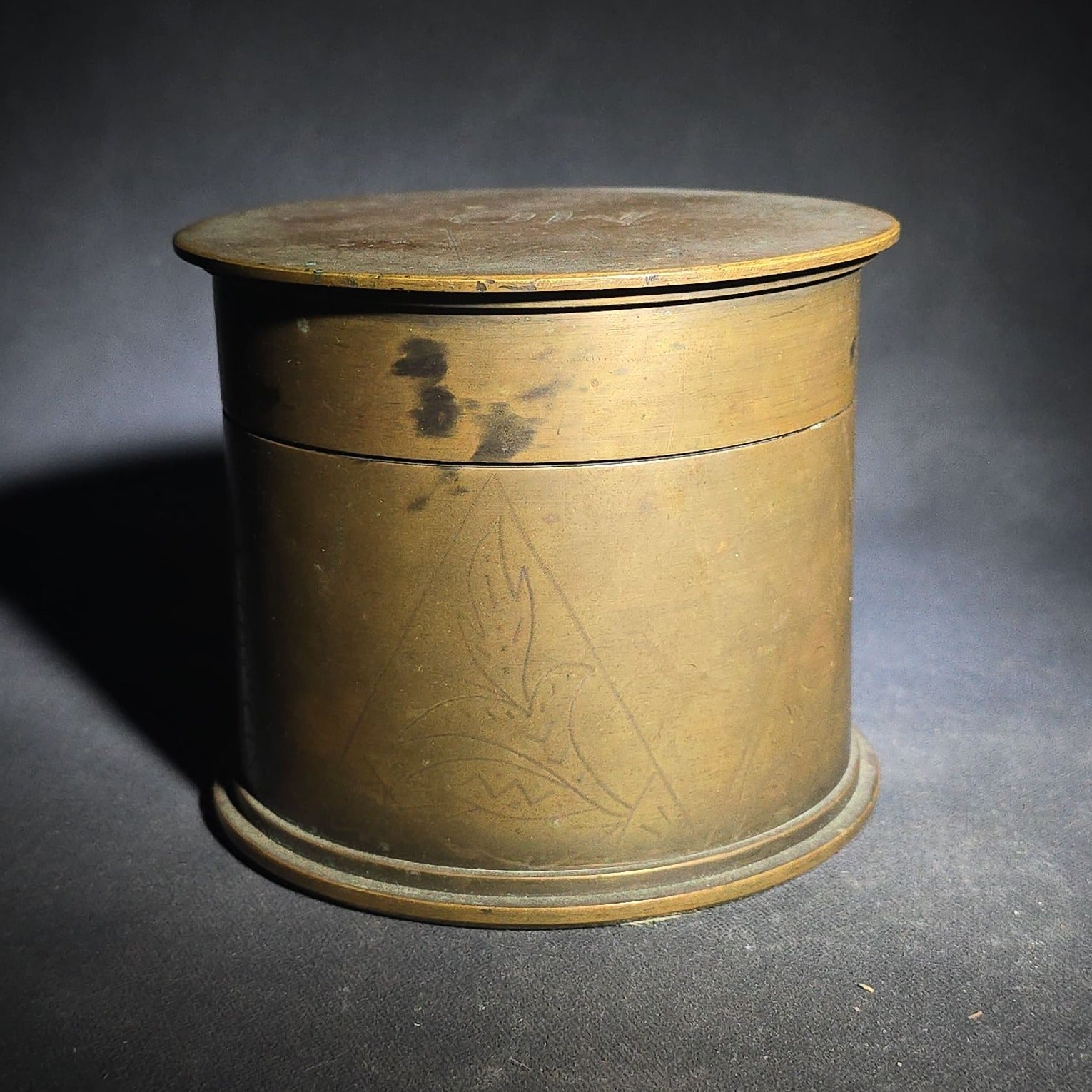 Antique WWI Trench Art Brass Lidded Box with Hand-Engraved Star, Diamond, Leaf, and Scroll Decoration, "MO" Monogram, and Green Fabric-Lined Interior
