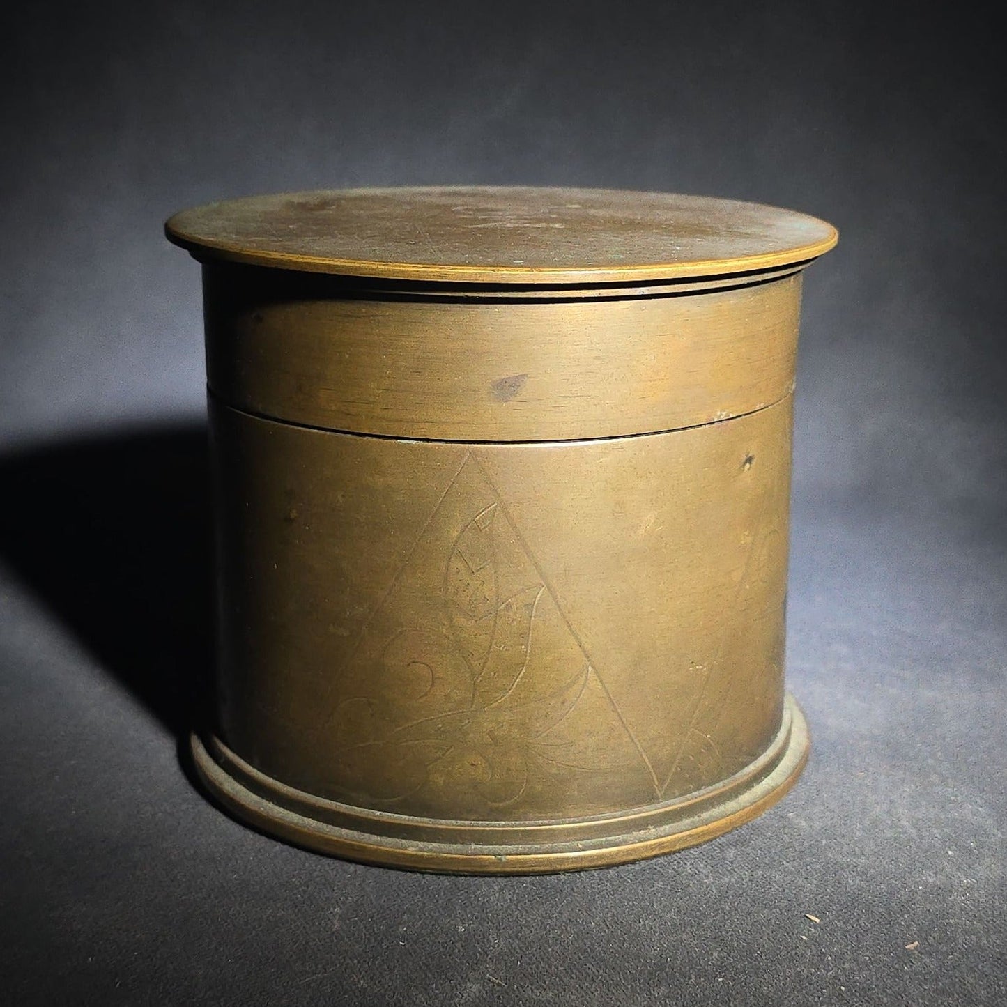 Antique WWI Trench Art Brass Lidded Box with Hand-Engraved Star, Diamond, Leaf, and Scroll Decoration, "MO" Monogram, and Green Fabric-Lined Interior