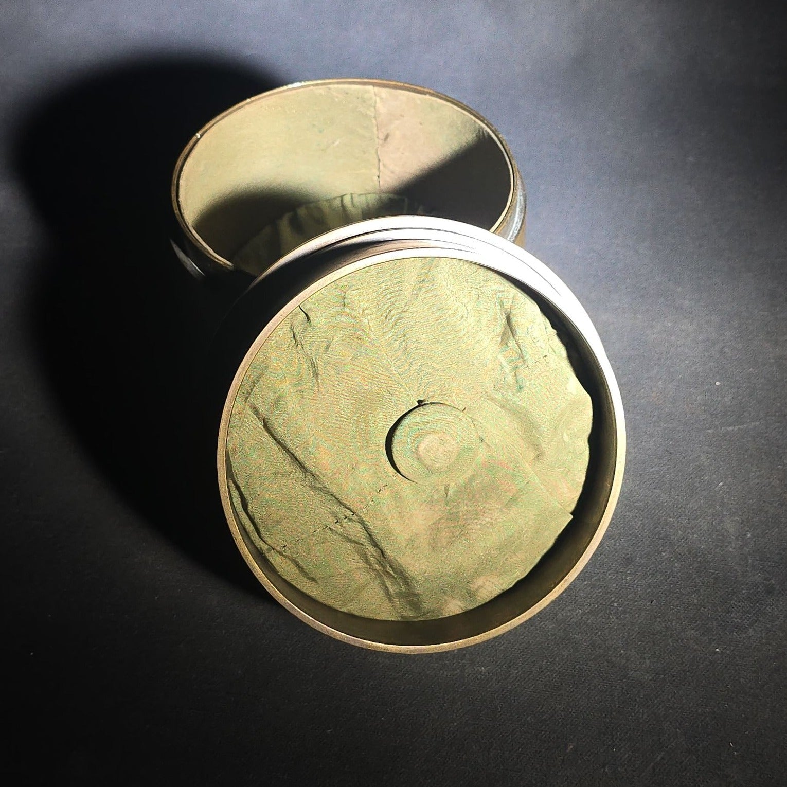 Antique WWI Trench Art Brass Lidded Box with Hand-Engraved Star, Diamond, Leaf, and Scroll Decoration, "MO" Monogram, and Green Fabric-Lined Interior